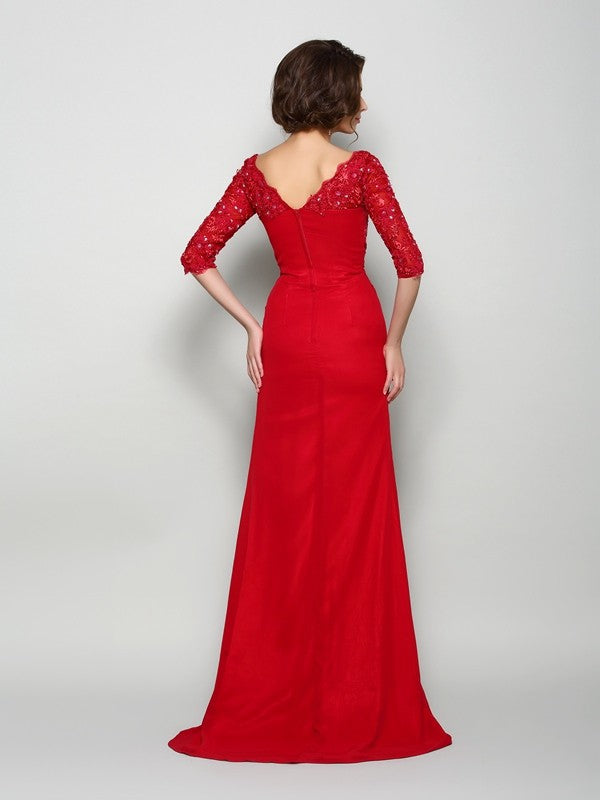 Robe longue de mère de la mariée en mousseline de soie, col en V, manches 1/2, avec perles et appliques